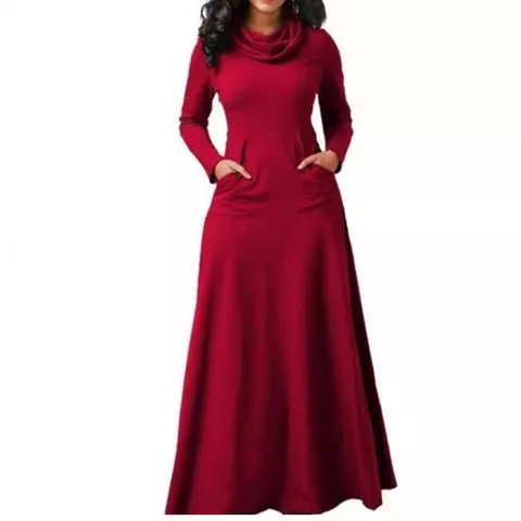 Women Cowl Neck Patchwork Pocket Maxi Dress Long Sleeve Solid Color A-Line Long Dress Casual Elegant Winter Autumn Dress