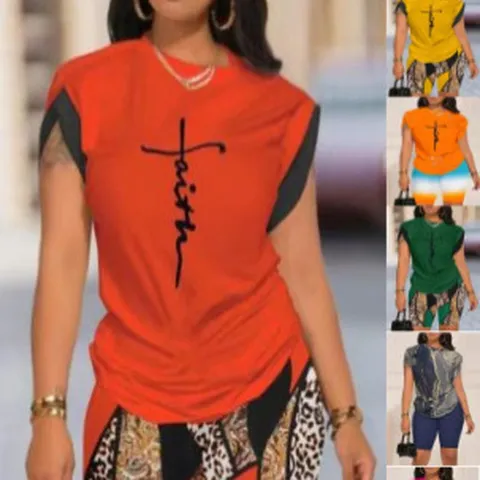 Women Round Neck Letter Print Short Sleeve Top And Patchwork Shorts Top And Bottom Polyester Casual Summer Streetwear Outfit