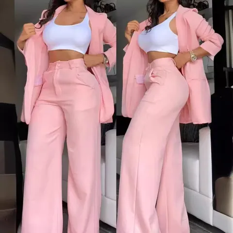 Elegant Women Solid Color Polyester Blazer Top And Bottom Set Lapel Split Sleeve Suit Jacket With Straight Leg Pants Outfit
