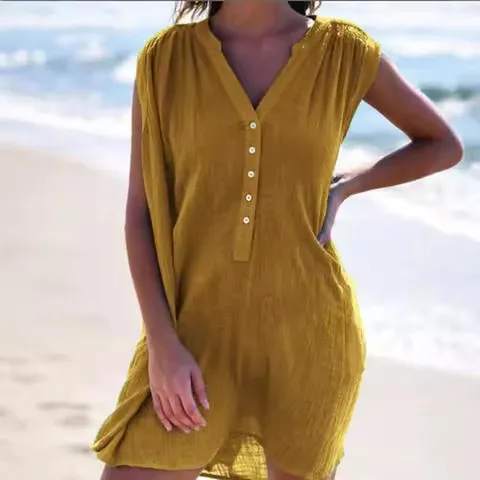 Women Casual V Neck Sleeveless Dress Summer Beach Button Up Loose Solid Color Polyester Midi Dress Fashion Streetwear