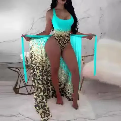 Women Leopard Print One-Piece Swimsuit With Sarong Wrap Sexy Tie-Dye Polyester Monokini Beachwear For Vacation Swimming