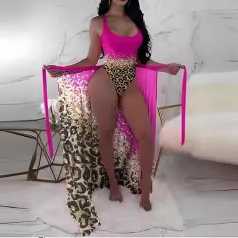 Women Leopard Print One-Piece Swimsuit With Sarong Wrap Sexy Tie-Dye Polyester Monokini Beachwear For Vacation Swimming