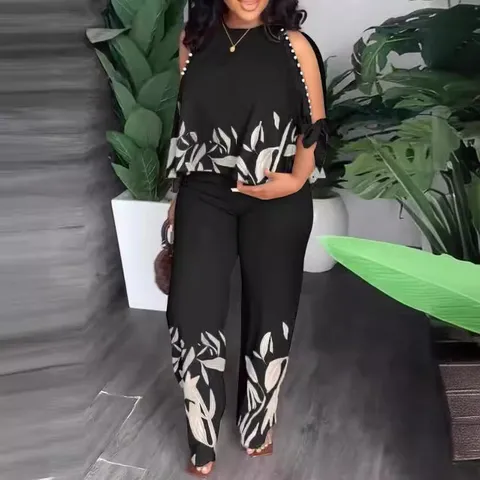 Women's Plus Size 2 Piece Set Polyester Round Neck Beaded Cold Shoulder Raglan Sleeve Top And Printed Long Pants Casual Suit