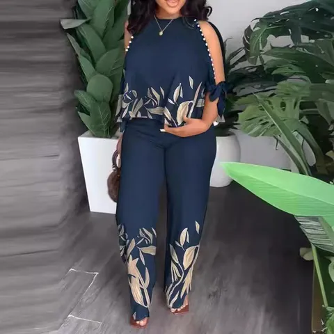 Women's Plus Size 2 Piece Set Polyester Round Neck Beaded Cold Shoulder Raglan Sleeve Top And Printed Long Pants Casual Suit