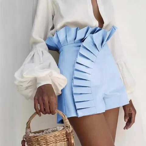 Women's High Waist Pleated Ruffle Shorts Fashion Solid Color Polyester Shorts With Zipper For Summer Casual Vacation Wear