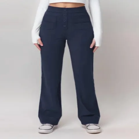 Women High Waist Straight Leg Pants Casual Multi Pocket Button Front Trousers Elastic Solid Color Fashion Office Trousers Bottoms