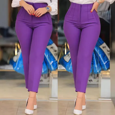 Women Slim Fit Business Bottom Polyester Spandex Solid High Waist Ankle Length Pencil Pants Straight Leg Office Trousers
