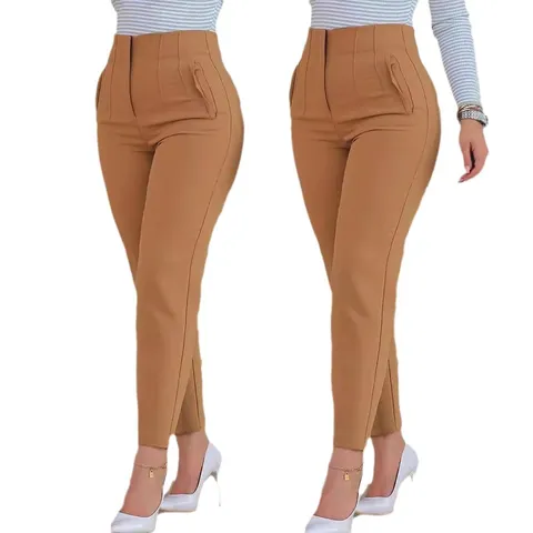 Women Slim Fit Business Bottom Polyester Spandex Solid High Waist Ankle Length Pencil Pants Straight Leg Office Trousers
