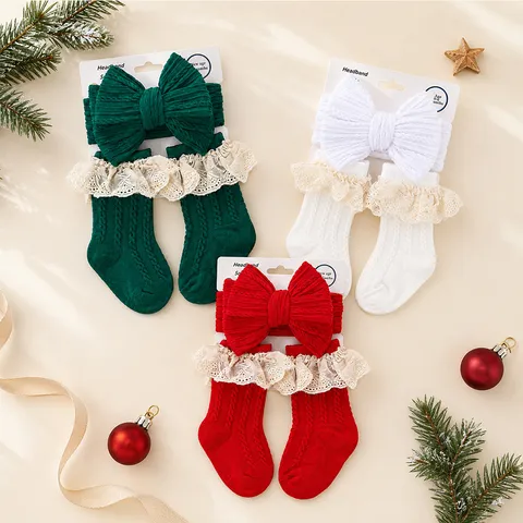 Set Fascia per Capelli e Calzini per Neonati con Motivo a Treccia Fiocco e Pizzo Accessori per Capelli per Infanti Natale Rosso Verde Rosa Regalo Carino