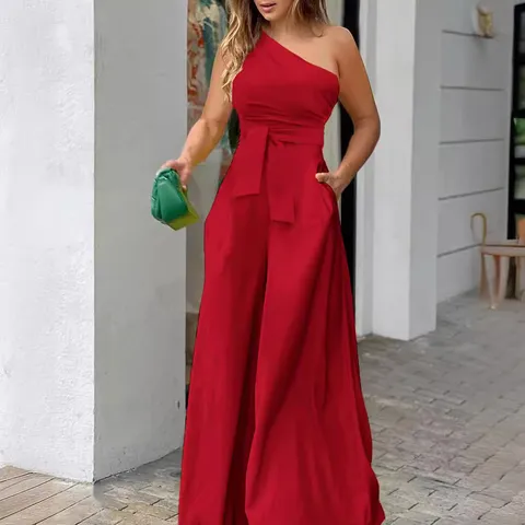Women Slant Neck One Shoulder Jumpsuit Tie Waist Wide Leg Jumpsuit Sleeveless High Waist Romper With Pockets Summer Casual