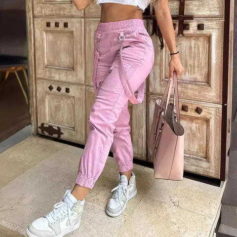 Women American High Street Multi Pocket Cargo Pants Hip Hop Slim Fit Jogger Pants With Straps Polyester Casual Bottoms