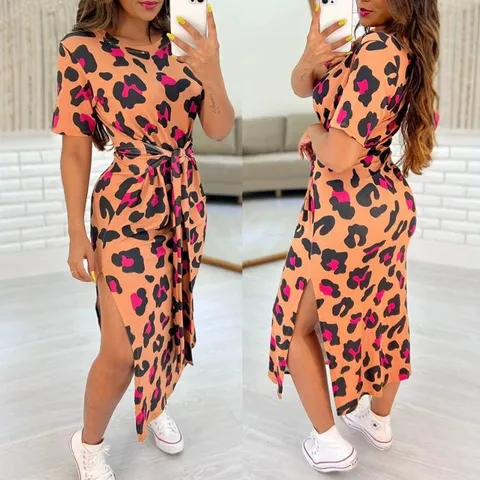 Women Round Neck Short Sleeve Side Slit Waist Tie A-Line Dress Leopard Print Floral Geometric Casual Summer Midi Dress Polyester