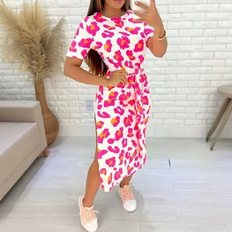 Women Round Neck Short Sleeve Side Slit Waist Tie A-Line Dress Leopard Print Floral Geometric Casual Summer Midi Dress Polyester