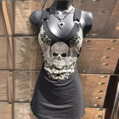 Women Casual Skull Print Sleeveless Tank Top Gothic Streetwear Polyester Cotton Blend Summer Graphic T-Shirt