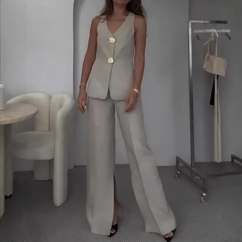 Women V Neck Sleeveless Top And Wide Leg Pants Set Casual Polyester Solid Color Elegant Commuter Office Outfit For Women