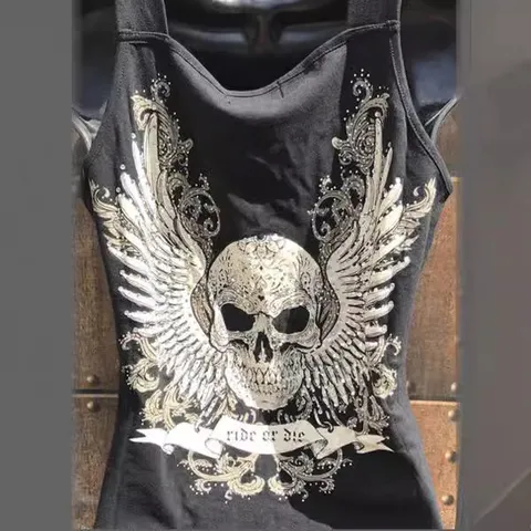 Women Casual Skull Print Sleeveless Tank Top Gothic Streetwear Polyester Cotton Blend Summer Graphic T-Shirt