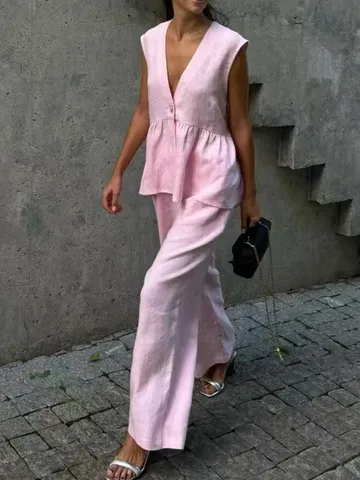 Women Sleeveless V Neck Button Vest Top And Wide Leg Pants Top And Bottom Solid Color Casual Summer Office Outfits