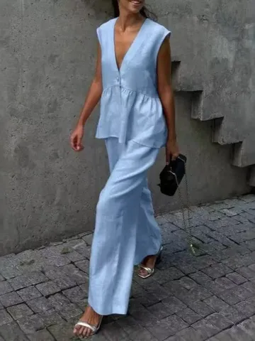 Women Sleeveless V Neck Button Vest Top And Wide Leg Pants Top And Bottom Solid Color Casual Summer Office Outfits