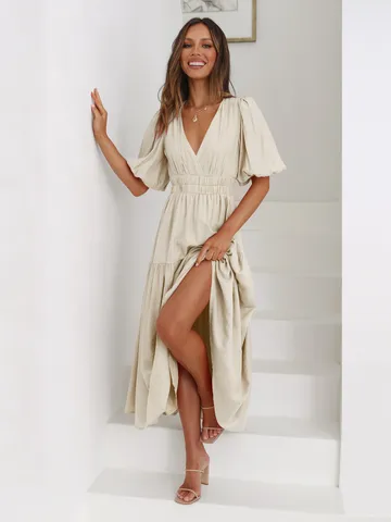 Women V Neck Puff Sleeve Midi Dress Casual Solid Color Waist In Tiered A Line Polyester Pleated Summer Dress