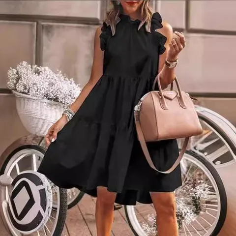 Women Casual Sleeveless Pleated Patchwork Dress Summer Solid Color Round Neck Loose Big Swing Maxi Dress Streetwear Fashion