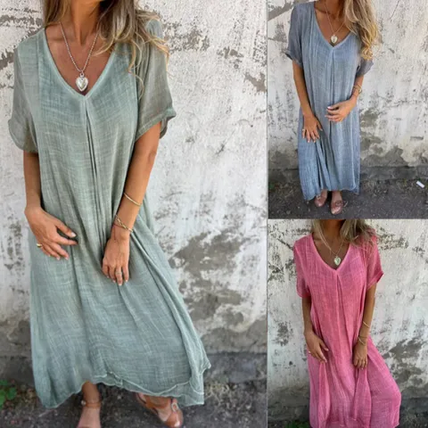 Damen Casual Leinen V-Ausschnitt Kurzarm Mittellanges Kleid Lose Einfarbig Sommer Pendler Kleid