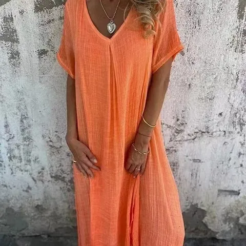 Damen Casual Leinen V-Ausschnitt Kurzarm Mittellanges Kleid Lose Einfarbig Sommer Pendler Kleid
