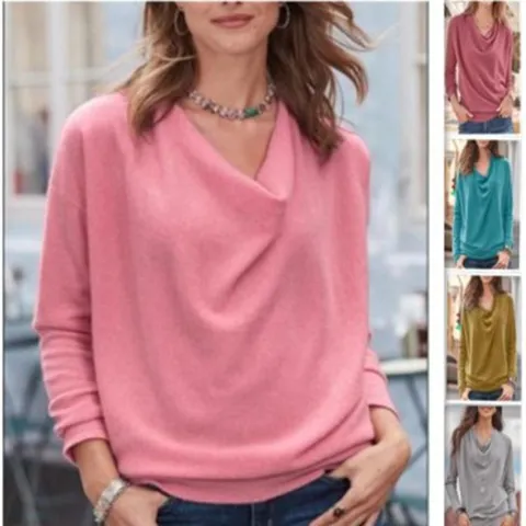 Damen Langarm Wasserfallausschnitt T-Shirt Casual Locker Pullover Einferbig Polyester Mischung Top Fruehling Mode Kleidung