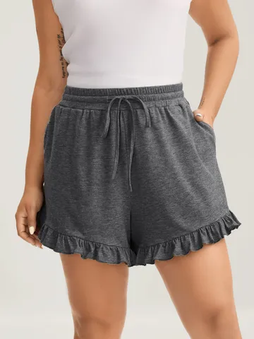Damen Casual Hohe Taille Gestrickte Shorts Sommer Einfarbig Lockere Passform Rüsche Saum Kordelzug Sportliche Hose