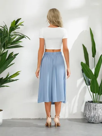 Damen Casual Baumwollmischung Midi Rock Hohe Taille Einreiher A Linie Taschen Langer Rock Für Alltag