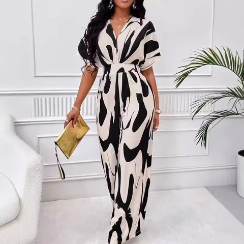 Women Elegant V-Neck Batwing Sleeve Wide Leg Jumpsuit Acrylic Abstract Painted Print High Waist Casual Long Jumpsuit Overall