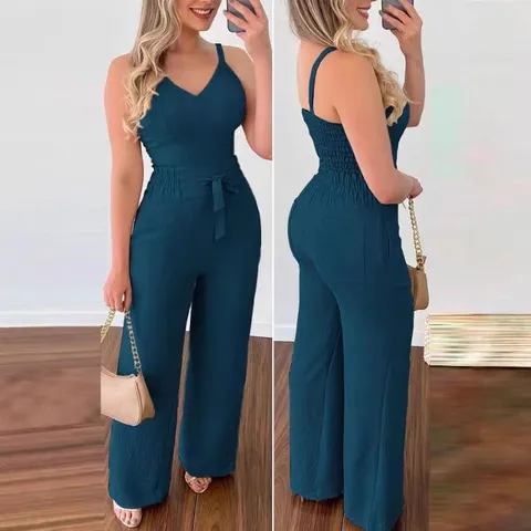 Sexy Backless V Neck Sling Top And High Waist Straight Leg Bottom For Women Solid Color Casual Summer Pleated Co-ord Set