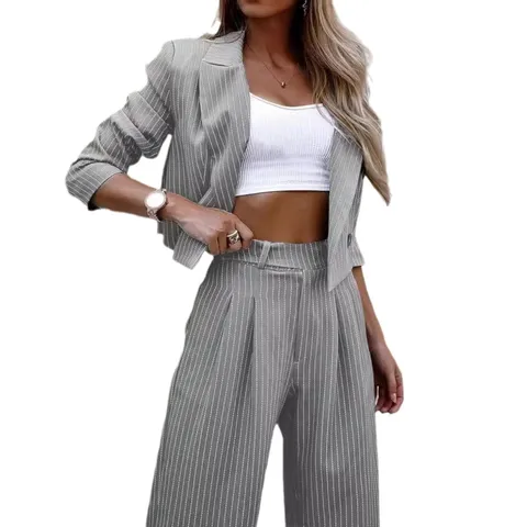 Women Striped Short Blazer And Straight Pants Set Elegant Lapel Long Sleeve Polyester Spandex Casual Office Lady Outfit Suit
