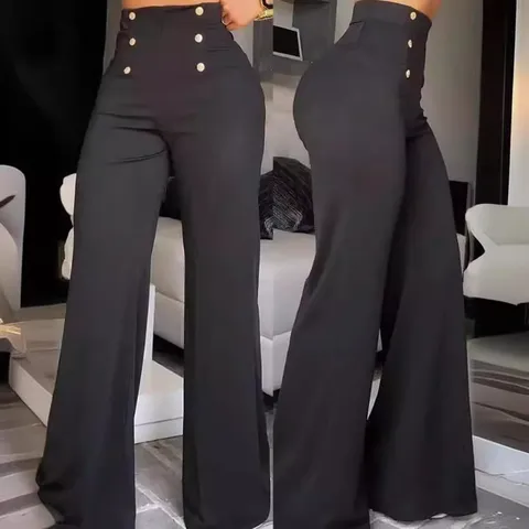Women European Fashion High Waist Double-Breasted Flare Pants Slim Fit Slightly Stretchy Polyester Solid Color Bell-Bottom Trousers Women Clothing