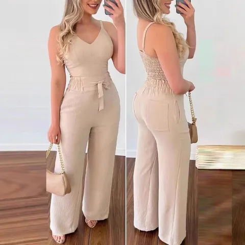 Sexy Backless V Neck Sling Top And High Waist Straight Leg Bottom For Women Solid Color Casual Summer Pleated Co-ord Set