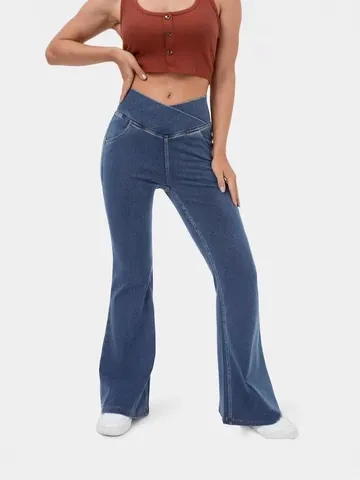 Women High Waist Flare Pants Polyester Spandex Cross Waist Slim Fit Butt Lifting Bell Bottoms Long Casual Pants For Women