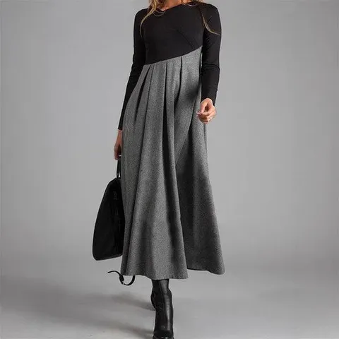 Women Elegant V Neck Long Sleeve Color Block Patchwork Woolen Dress Retro Autumn Winter Maxi Large Swing Dress Formal Party Wear
