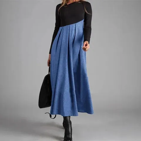 Women Elegant V Neck Long Sleeve Color Block Patchwork Woolen Dress Retro Autumn Winter Maxi Large Swing Dress Formal Party Wear