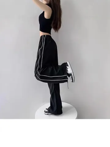 Women Side Stripe Drawstring Wide Leg Pants Elastic Waist Loose Straight Trousers Casual Sporty Trousers For Daily Vacation