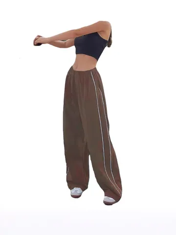 Women Side Stripe Drawstring Wide Leg Pants Elastic Waist Loose Straight Trousers Casual Sporty Trousers For Daily Vacation