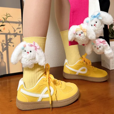 Women Cute Mid-Calf Socks Cotton Blend Sweet Rabbit Plush Doll Pearl Necklace Bow Accessories Casual Daily Hosiery