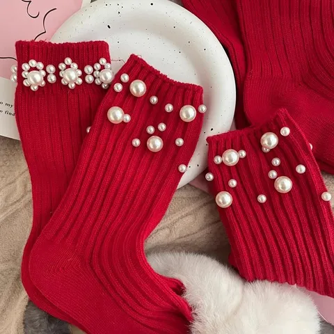 Women's Red Mid-Calf Socks Autumn Winter Ins Trendy Pearl Beaded Cotton Casual Socks