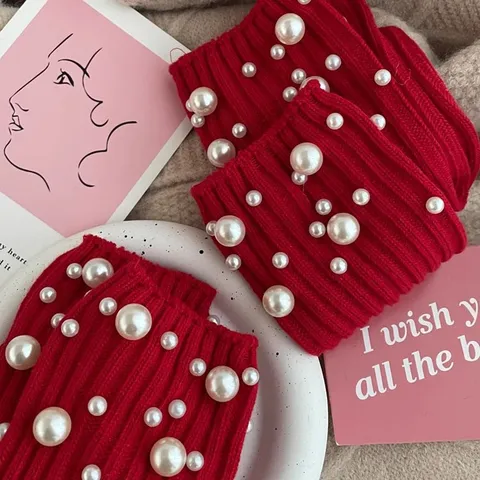 Women's Red Mid-Calf Socks Autumn Winter Ins Trendy Pearl Beaded Cotton Casual Socks