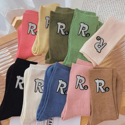Women Cotton Slouch Socks Mid-Tube Casual Solid Color Fashion Retro Socks With Rhinestone Letter R Badge Daily Wear