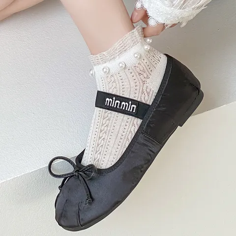 Women Short Socks Sweet Style Cotton Artificial Pearl Lace Ruffle Trim Breathable Mesh Ankle Socks Casual Everyday Hosiery