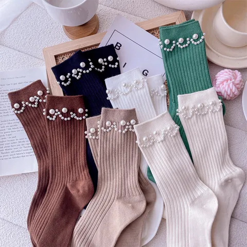 Calcetines de Tubo de Algodón de Moda para Mujer Con Cuentas de Perlas Borde Ondulado Lindo Diario Casual Sólido