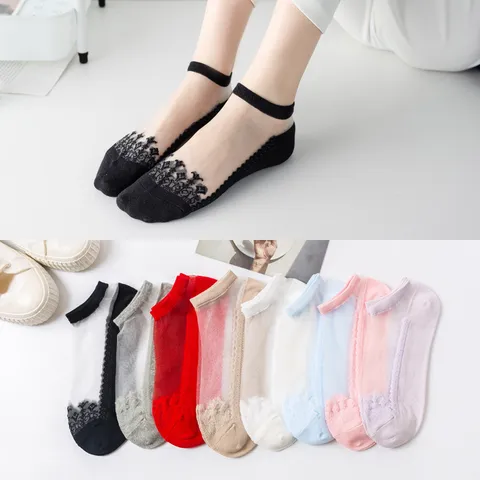 Women Summer Thin Lace Crystal Socks Breathable Cotton Bottom Low Cut Boat Short Socks Casual Invisible Socks