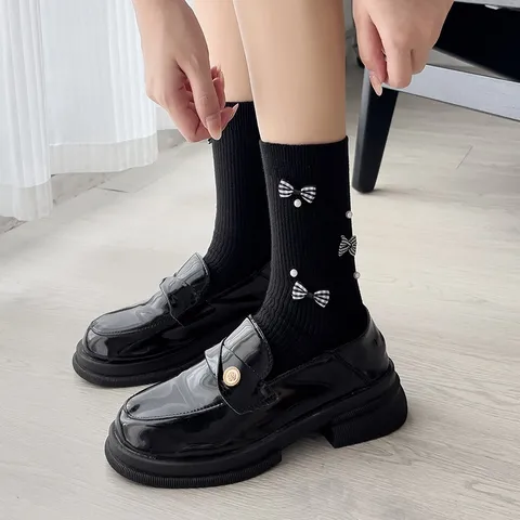 Women Sweet Plaid Bow Pearl Decorated Mid Tube Socks Casual Cotton Knit Fashion Crew Socks Daily Wear Accessories