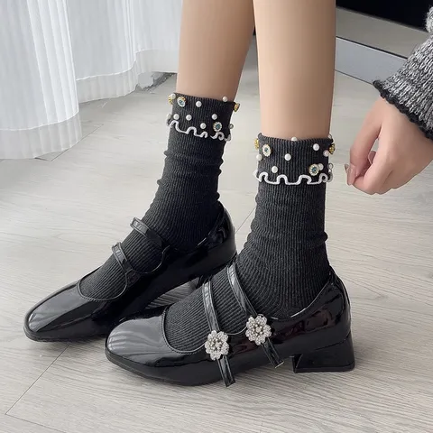 Sweet Preppy Style Women Mid Tube Socks Cotton Blend Ruffled Edge Artificial Pearl Rhinestone Decorated Casual Crew Socks