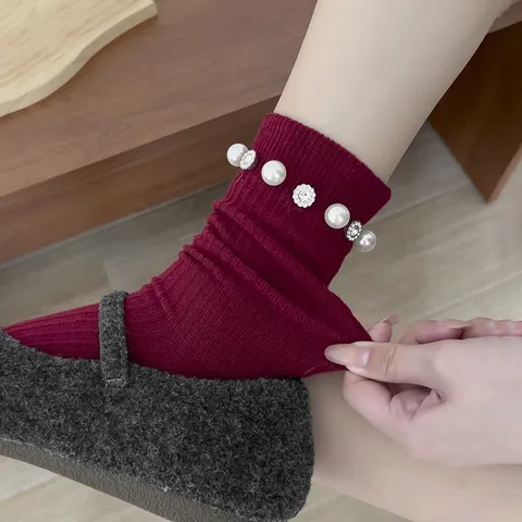 Women Fashion Mid Calf Socks Casual Solid Color Cotton Artificial Pearl Rhinestone Embellishment Knit Socks
