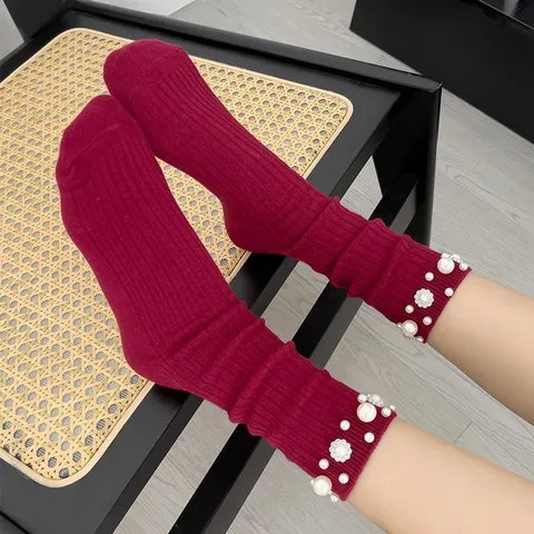 Dames Mode Kuitkousen Casual Katoen Effen Kleur Stapelbare Socken Met Kunstparel En Strass Versiering